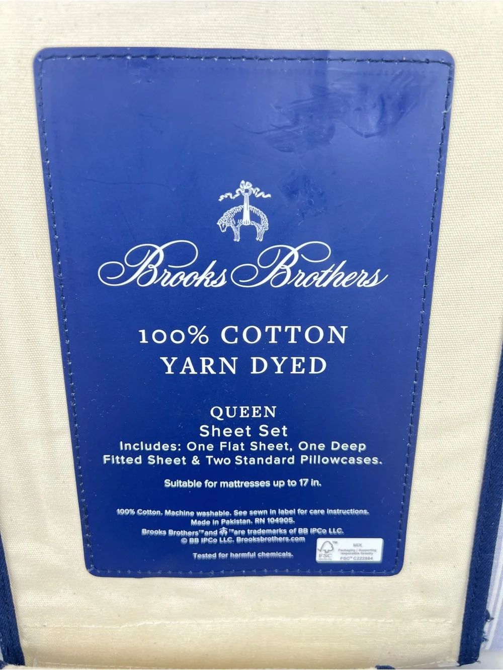 6 Pc Brooks Brothers Queen Sheet Set Blue White Stripe Cotton Yarn Dyed NEW